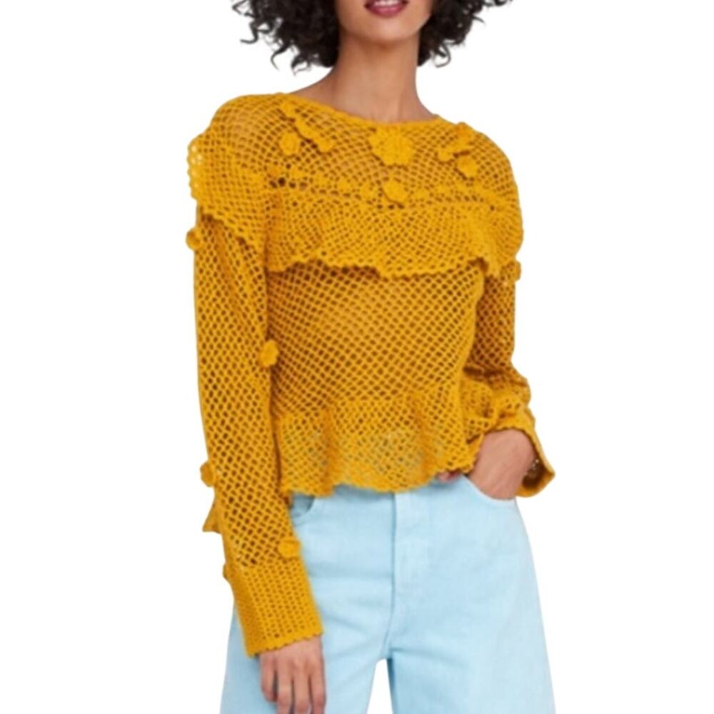 Zara Mustard Yellow Ruffled Crocheted Sweater M Hippie Boho Open Knit